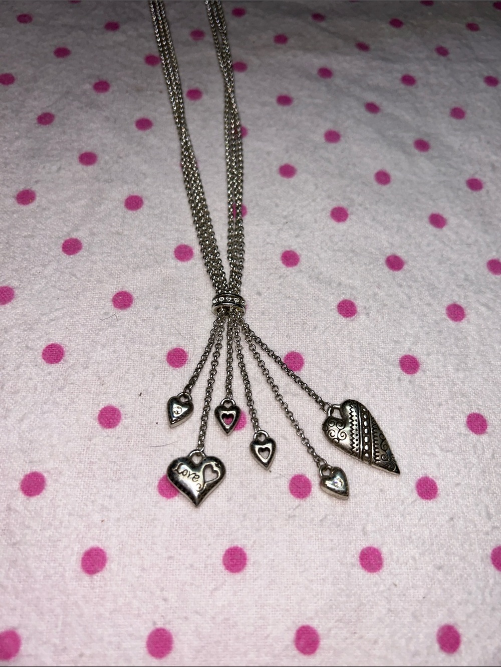 Brighton Silver-Tone Multi Heart Tassel Necklace with Pink Accent
